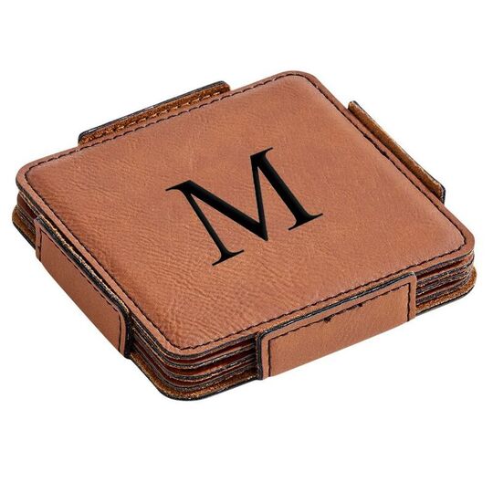 Set of 4 Caramel Leatherette Square Coasters